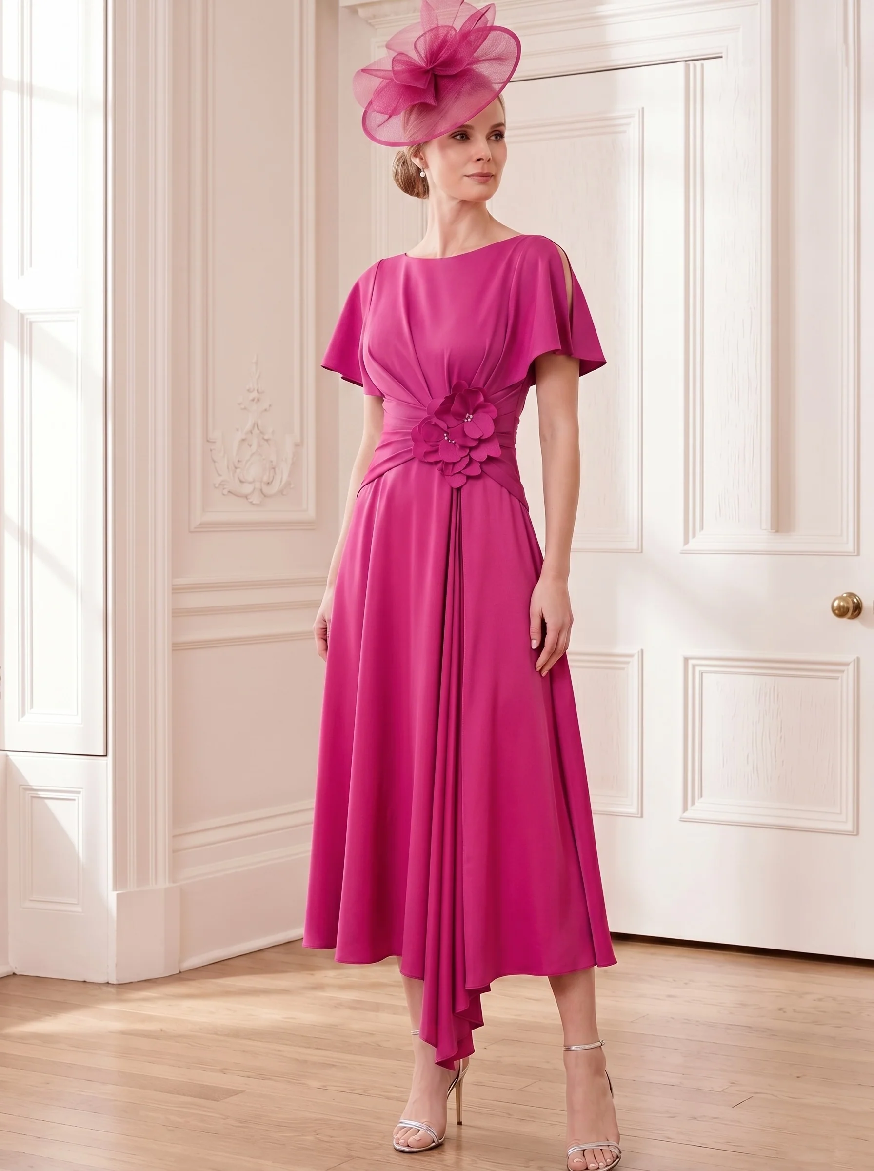 A-Line/Princess Scoop Tea-Length Short Sleeves Mother of the Bride Dresses with 3D Flowers - Image 7