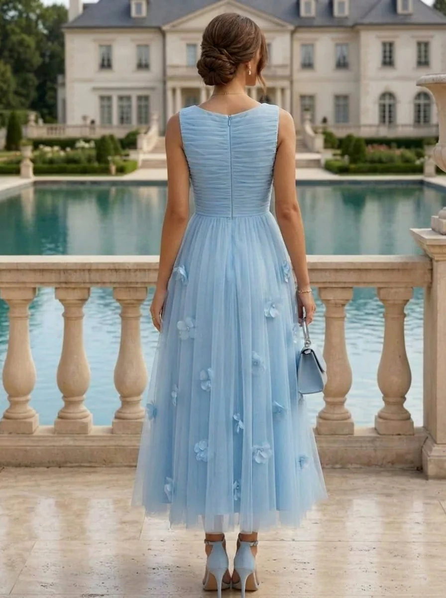 A-Line/Princess Scoop Tulle Cocktail Dresses Sleeveless Ankle-Length Formal Dresses With 3D Flowers - Image 2