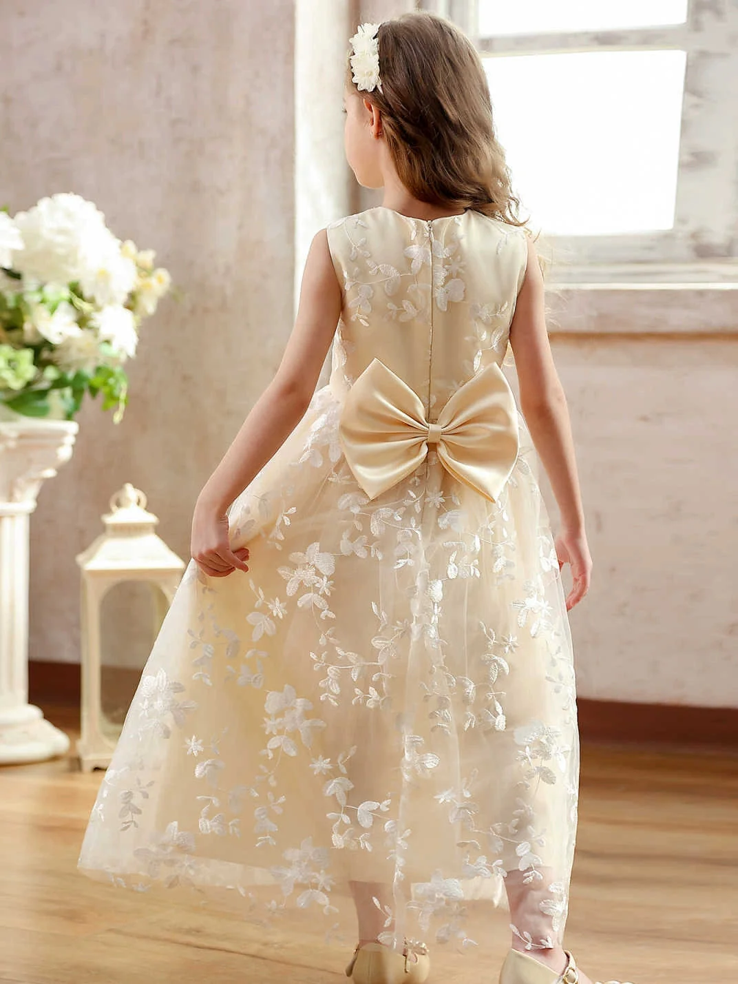 A-Line/Princess Scoop Tulle Lace Flower Girl Dresses Sleeveless Ankle-Length With Bowknot - Image 2