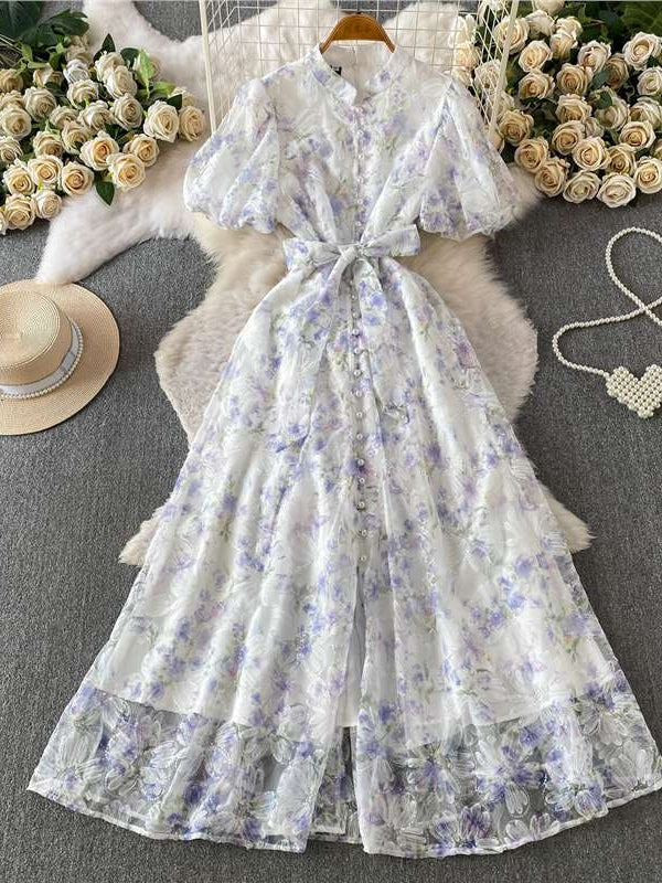 A-Line/Princess Scoop Wedding Guest Dresses Tea-Length Short Sleeves Lace Floral - Image 3