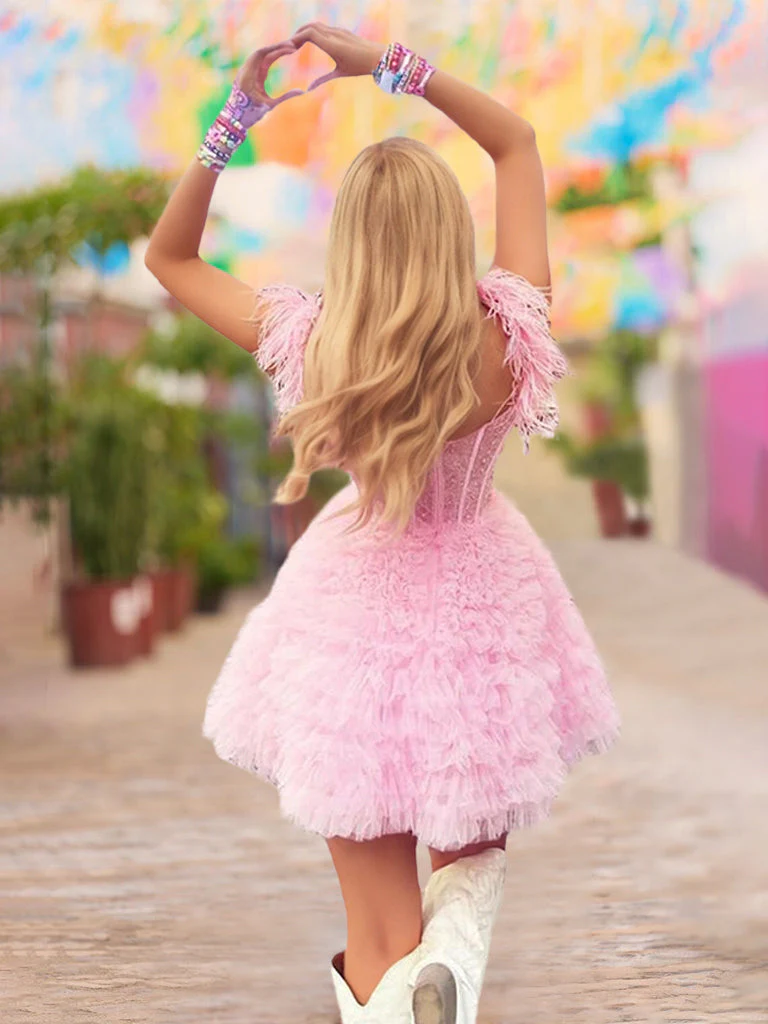A-Line/Princess Semi-Sweetheart Short Sleeves Short/Mini Party Dance Cocktail Homecoming Dress With Beadings, Ruffles & Feathers - Image 2