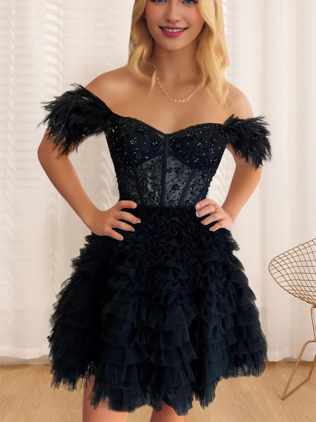 A-Line/Princess Semi-Sweetheart Sleeveless Short/Mini Party Dance Cocktail Homecoming Dress With Ruffles & Feathers - Image 3