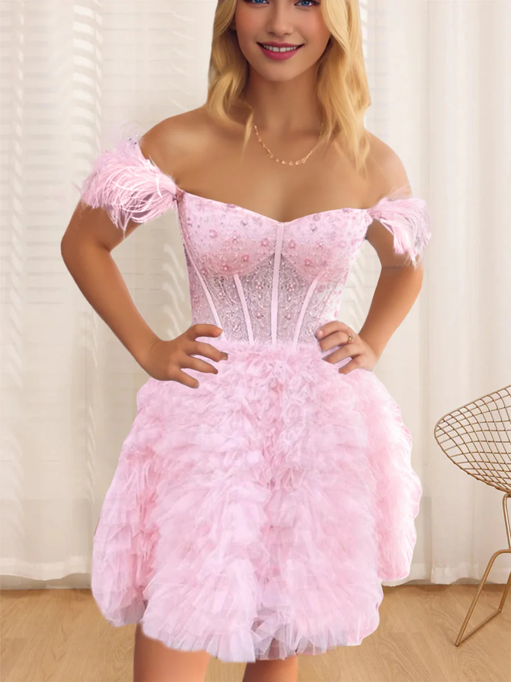 A-Line/Princess Semi-Sweetheart Sleeveless Short/Mini Party Dance Cocktail Homecoming Dress With Ruffles & Feathers - Image 6