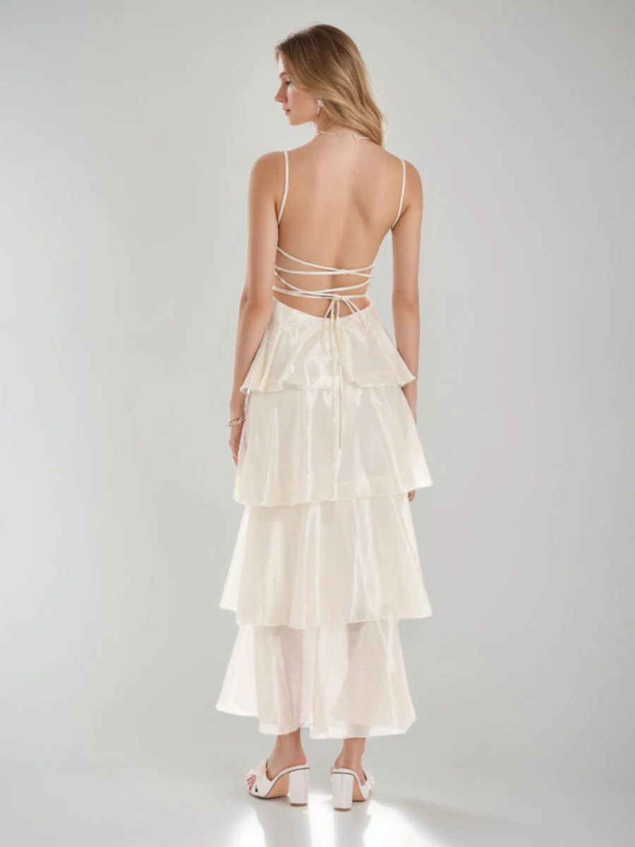 A-Line/Princess Sexy Spaghetti Straps Ankle-Length Prom Dresses with Ruffles & Lace-up Back - Image 2