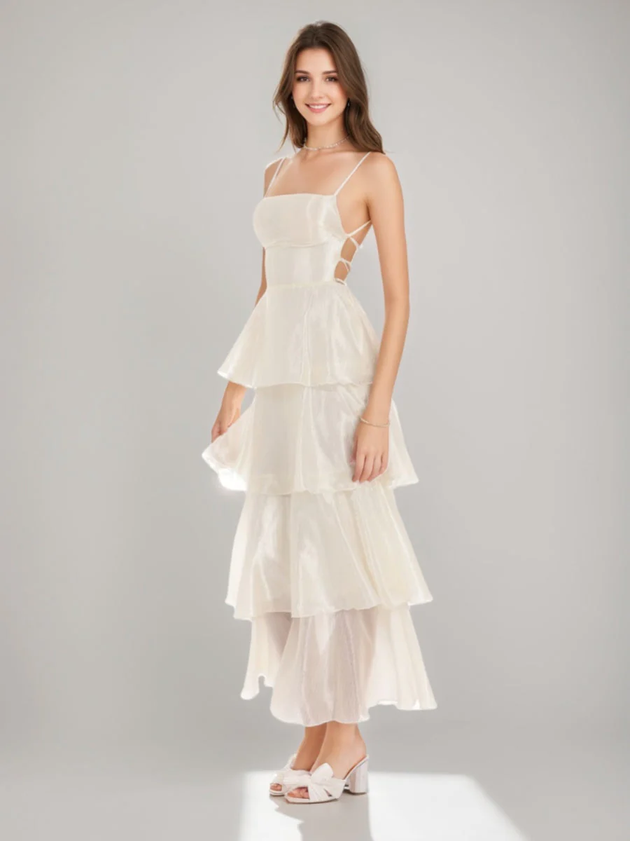 A-Line/Princess Sexy Spaghetti Straps Ankle-Length Prom Dresses with Ruffles & Lace-up Back - Image 3