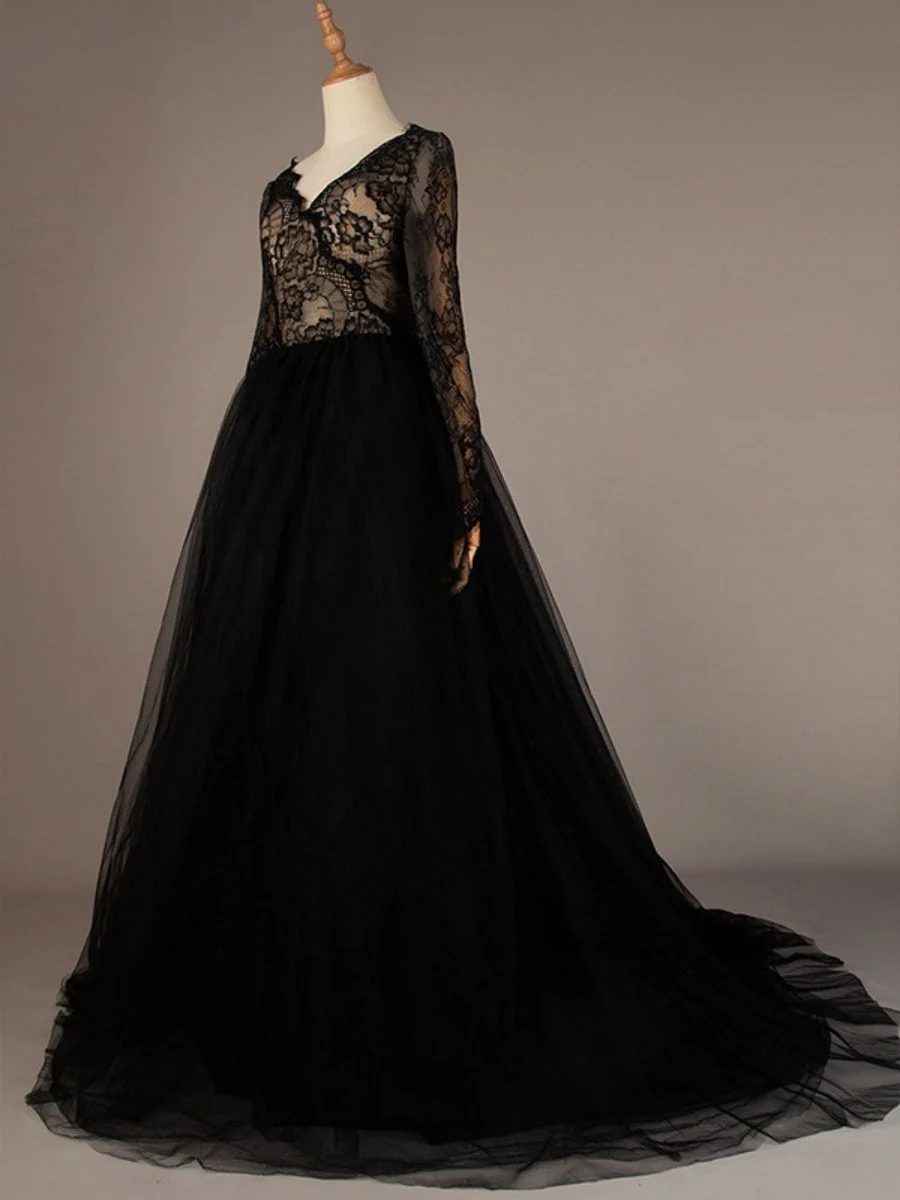 A-line/Princess Sexy V-Neck Long Sleeves Black Wedding Dresses with Lace - Image 6
