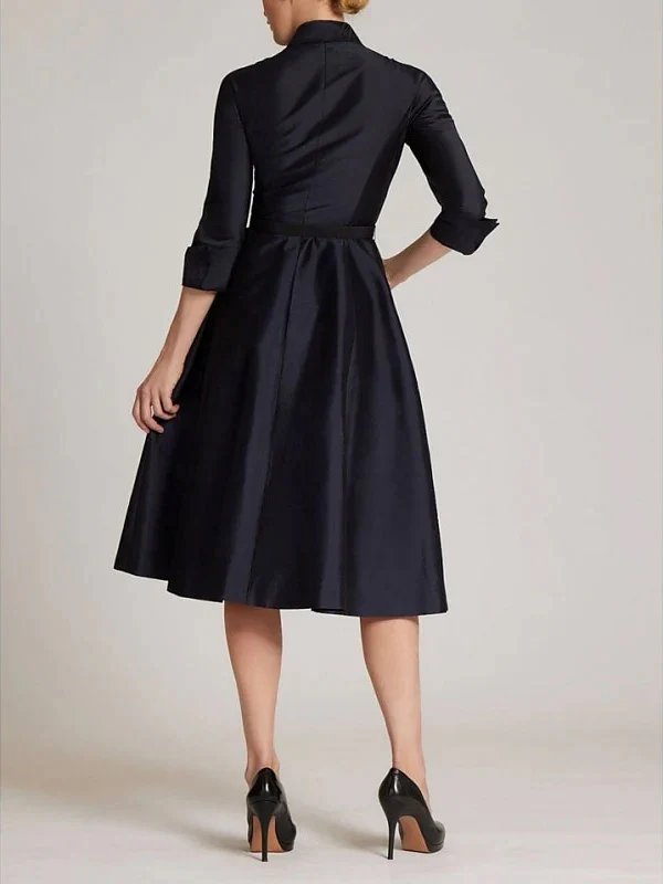 A-Line/Princess Shirt Collar 3/4 Length Sleeves Knee-Length Cocktail Dresses with Bow(s) & Slit - Image 2