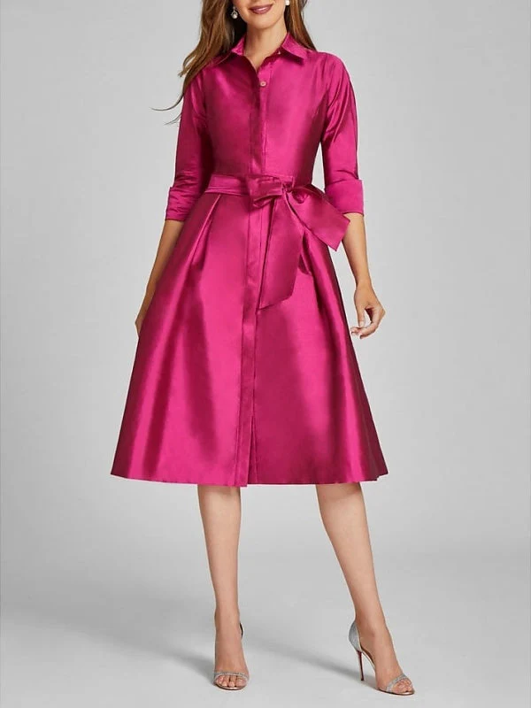 A-Line/Princess Shirt Collar 3/4 Length Sleeves Knee-Length Cocktail Dresses with Bow(s) & Slit - Image 3