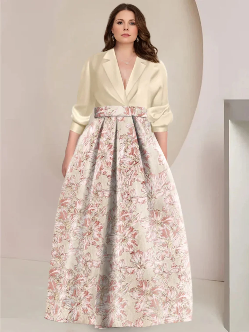 A-Line/Princess Shirt Collar 3/4 Sleeves Printed Flower Plus Size Mother of the Bride & Groom Dresses - Image 5