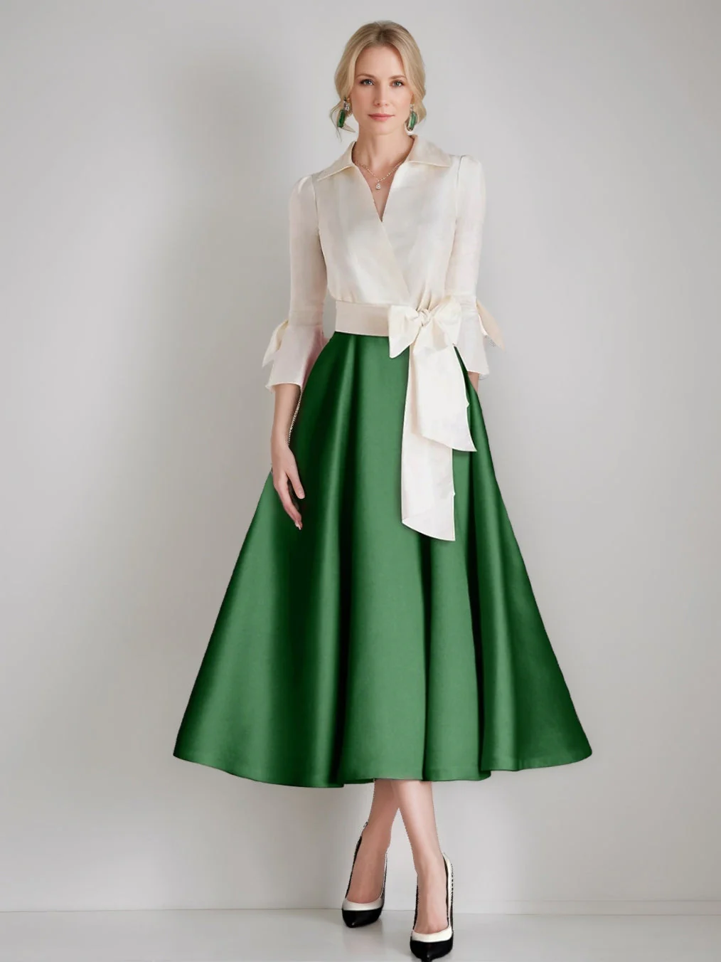 A-Line/Princess Shirt Collar 3/4 Sleeves Tea-Length Pleated Mother of the Bride Dresses with Sash & Bows