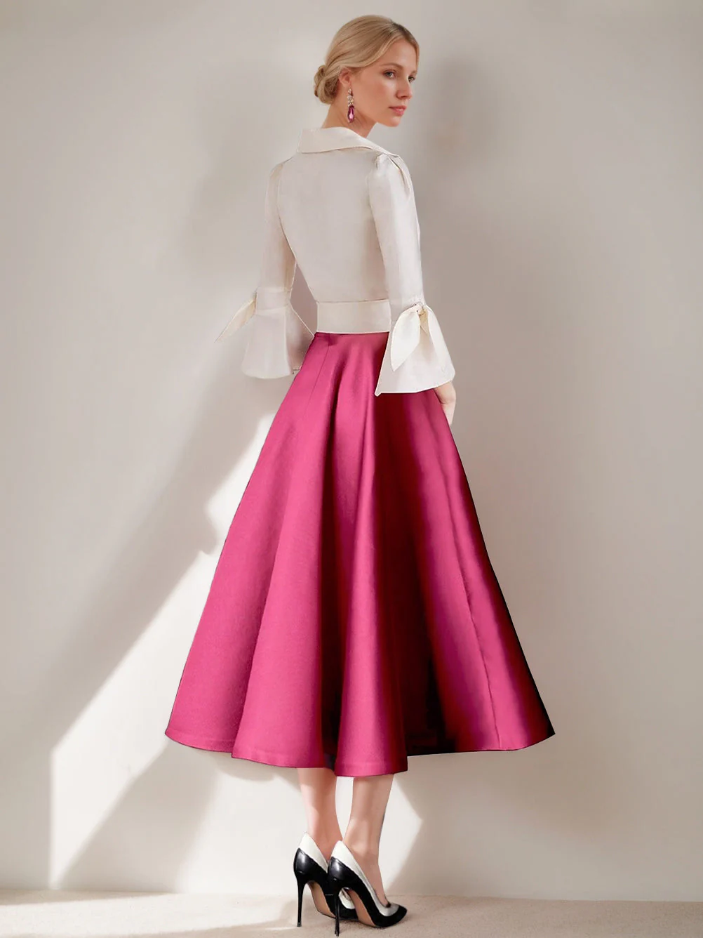 A-Line/Princess Shirt Collar 3/4 Sleeves Tea-Length Pleated Mother of the Bride Dresses with Sash & Bows - Image 2