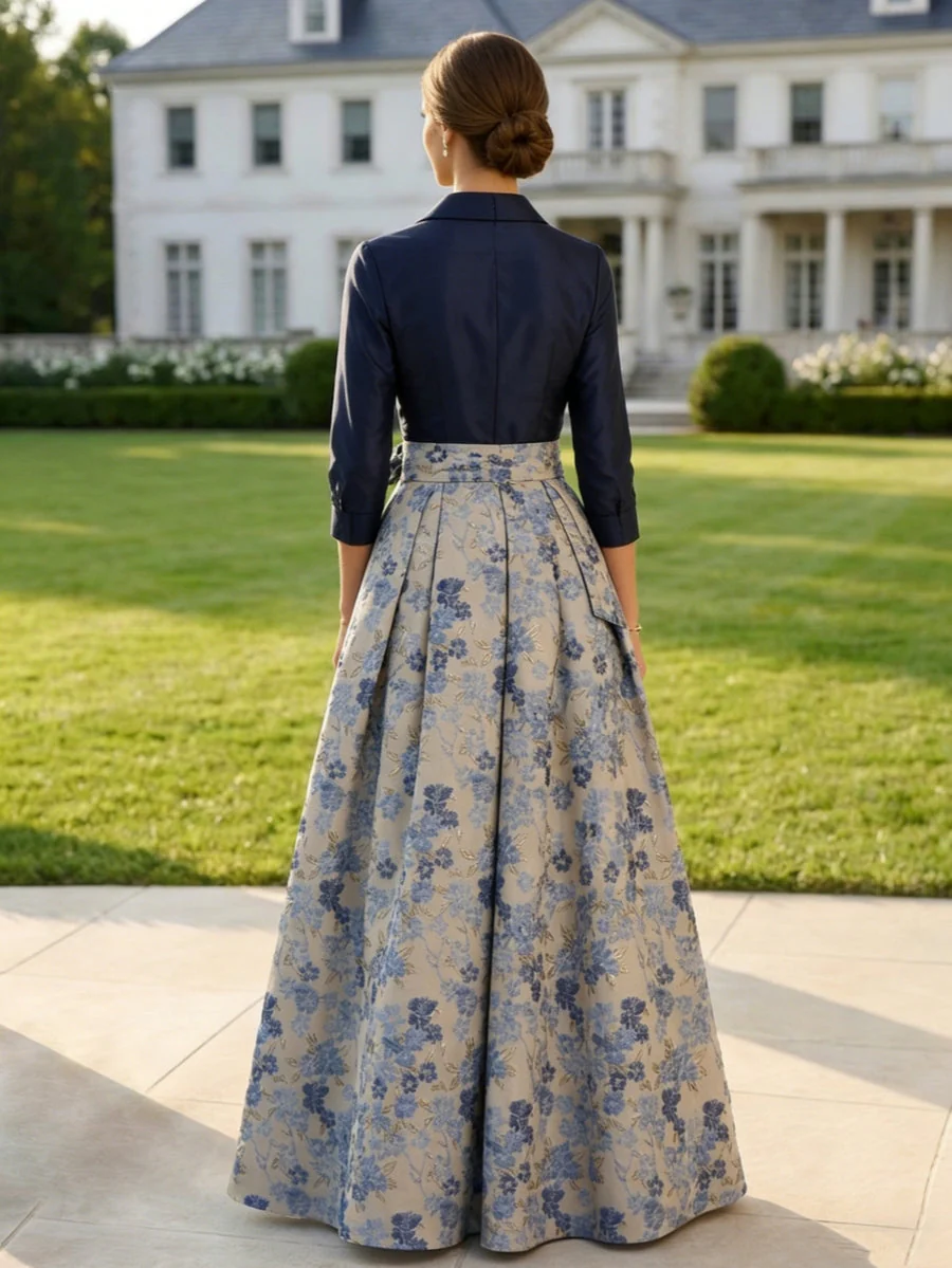 A-Line/Princess Shirt Collar Jacquard Mother of the Bride Dresses Bowknot Floral 3/4 Sleeves Floor Length - Image 2