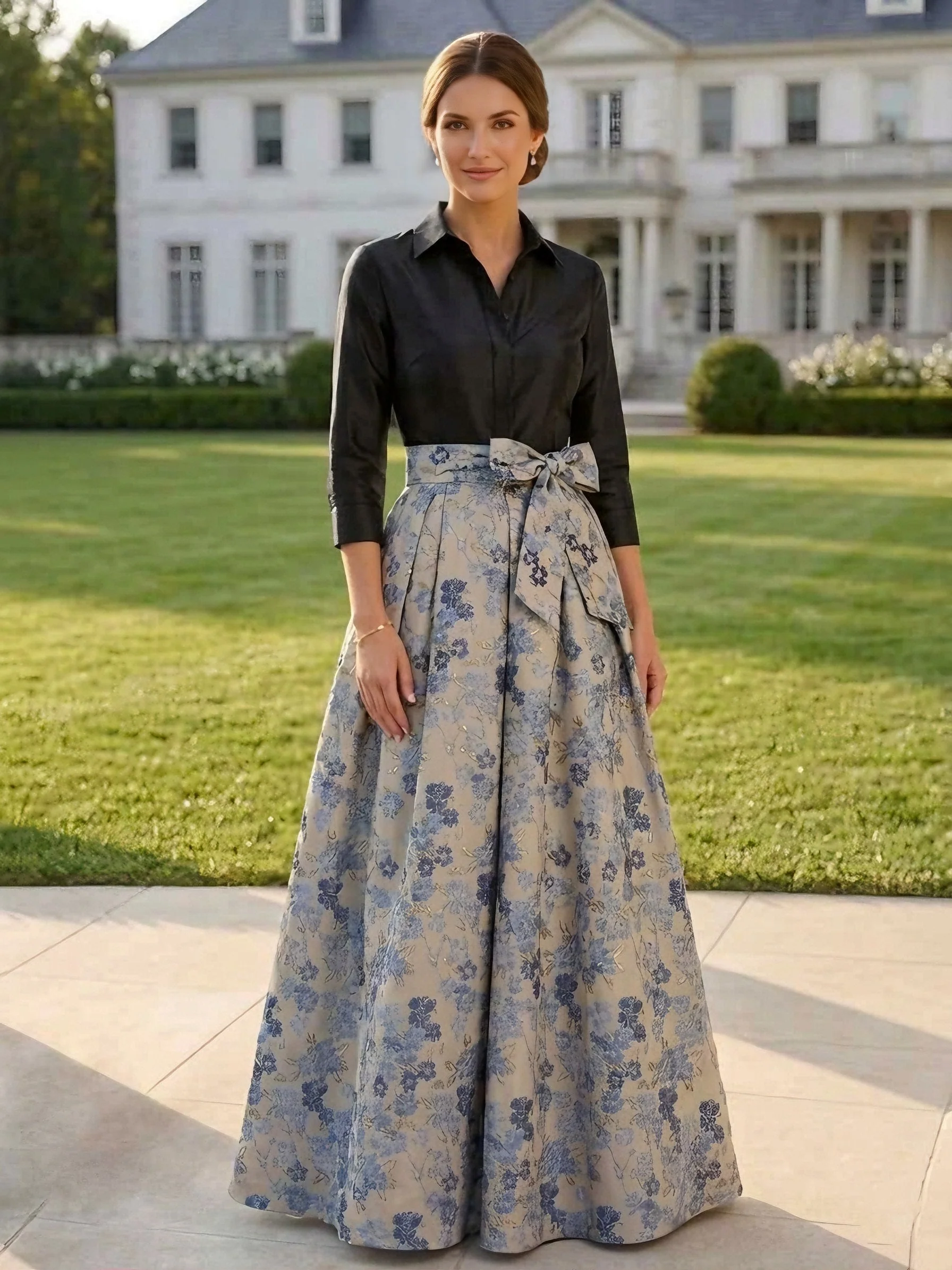 A-Line/Princess Shirt Collar Jacquard Mother of the Bride Dresses Bowknot Floral 3/4 Sleeves Floor Length - Image 3