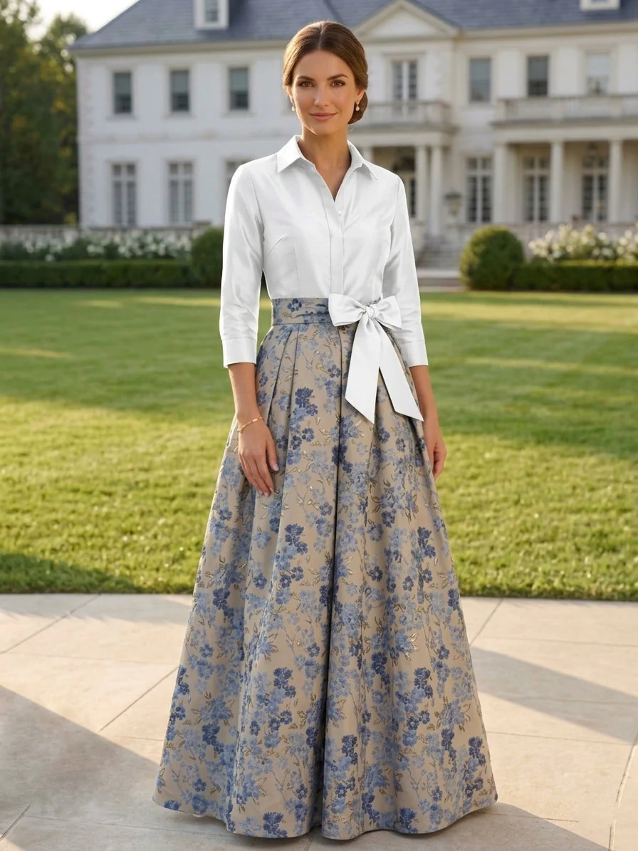 A-Line/Princess Shirt Collar Jacquard Mother of the Bride Dresses Bowknot Floral 3/4 Sleeves Floor Length - Image 4