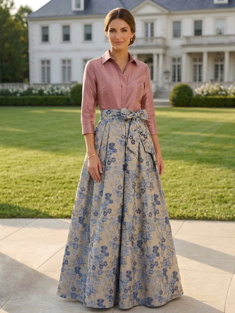 A-Line/Princess Shirt Collar Jacquard Mother of the Bride Dresses Bowknot Floral 3/4 Sleeves Floor Length - Image 5