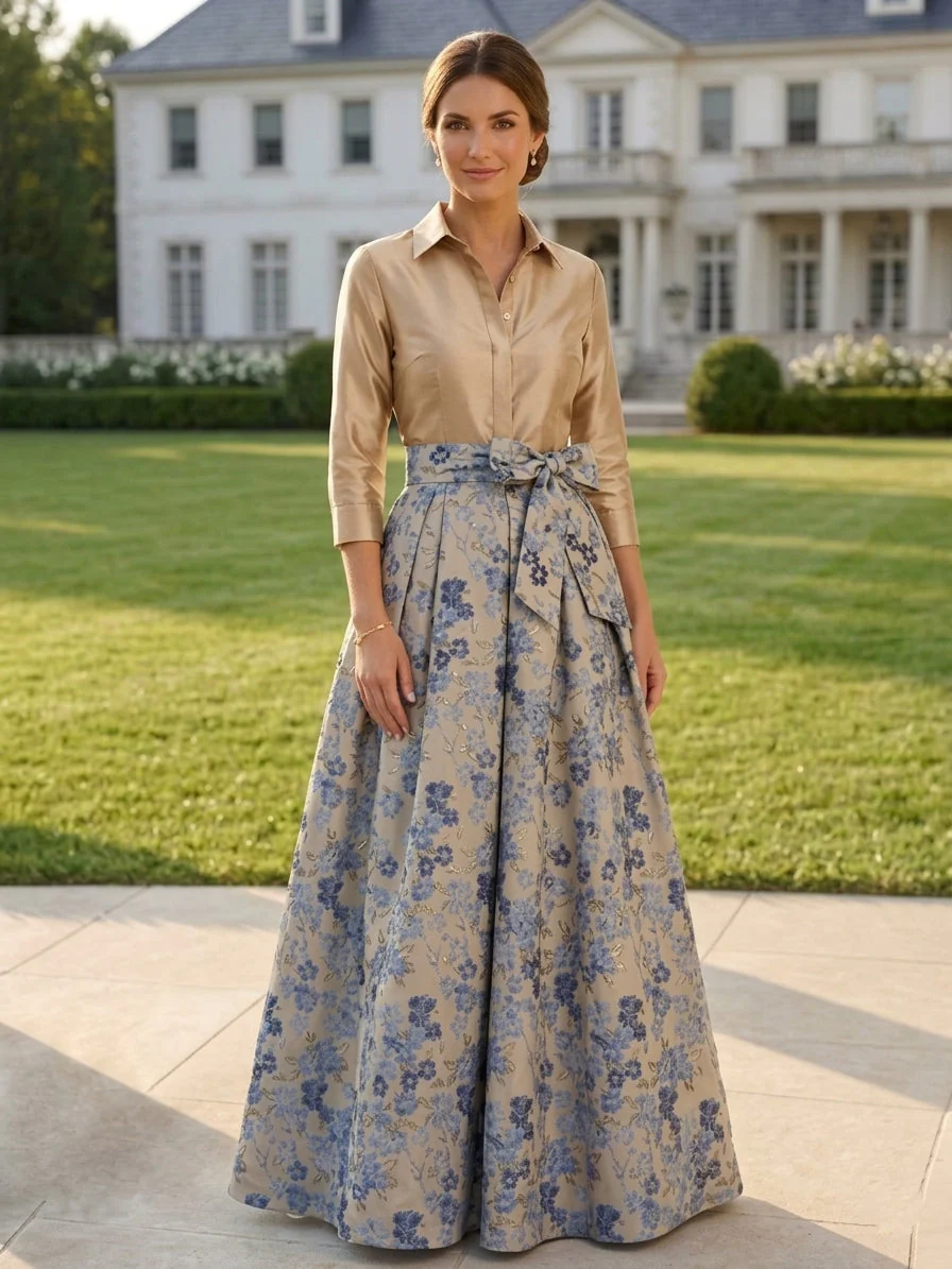 A-Line/Princess Shirt Collar Jacquard Mother of the Bride Dresses Bowknot Floral 3/4 Sleeves Floor Length - Image 6