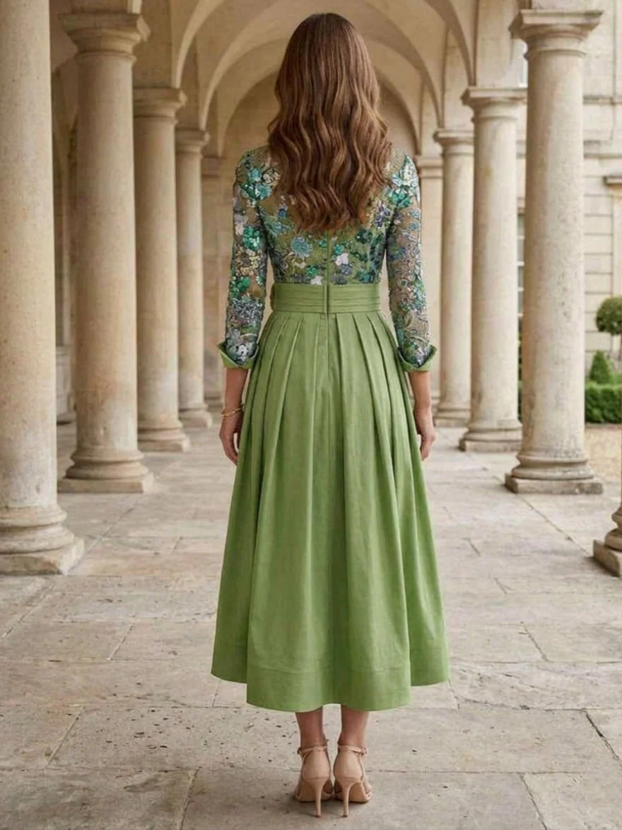A-Line/Princess Shirt Collar Satin Mother of the Bride Dresses Tea-Length Lace Sequins 3/4 Sleeves Floral 3D Flower - Image 2
