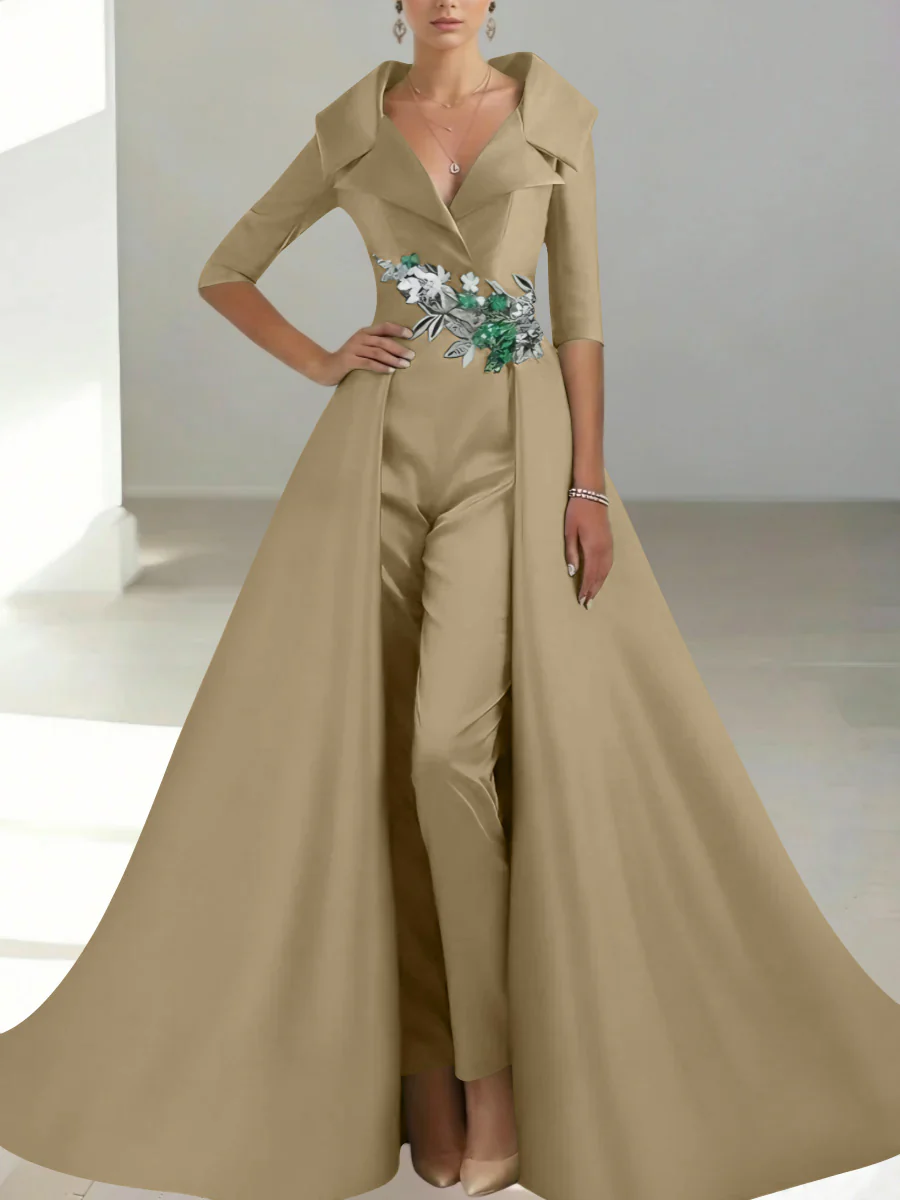 A-Line/Princess Shirt Collar Satin Mother of the Bride Jumpsuit Overskirt Sequins Pocket Half Sleeves Floor-Length - Image 16