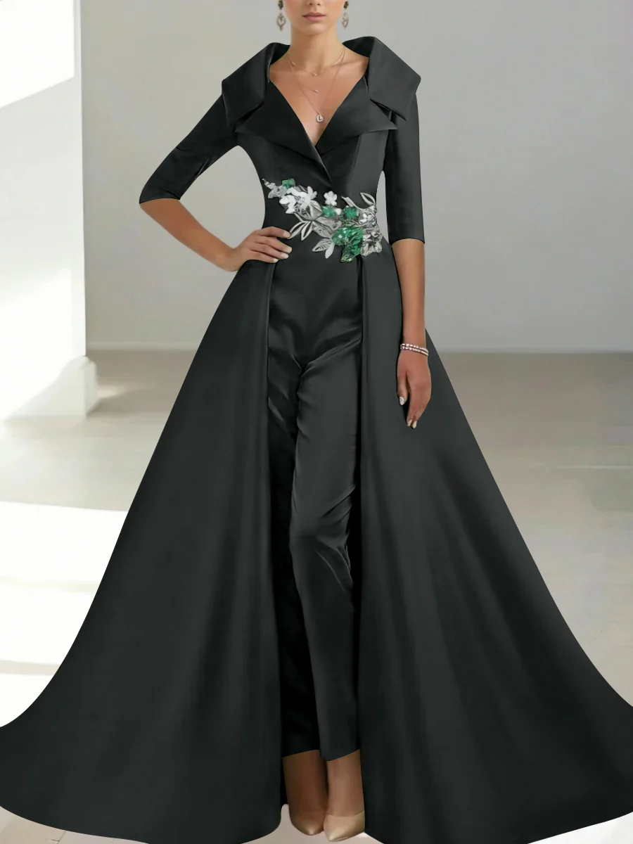 A-Line/Princess Shirt Collar Satin Mother of the Bride Jumpsuit Overskirt Sequins Pocket Half Sleeves Floor-Length - Image 17