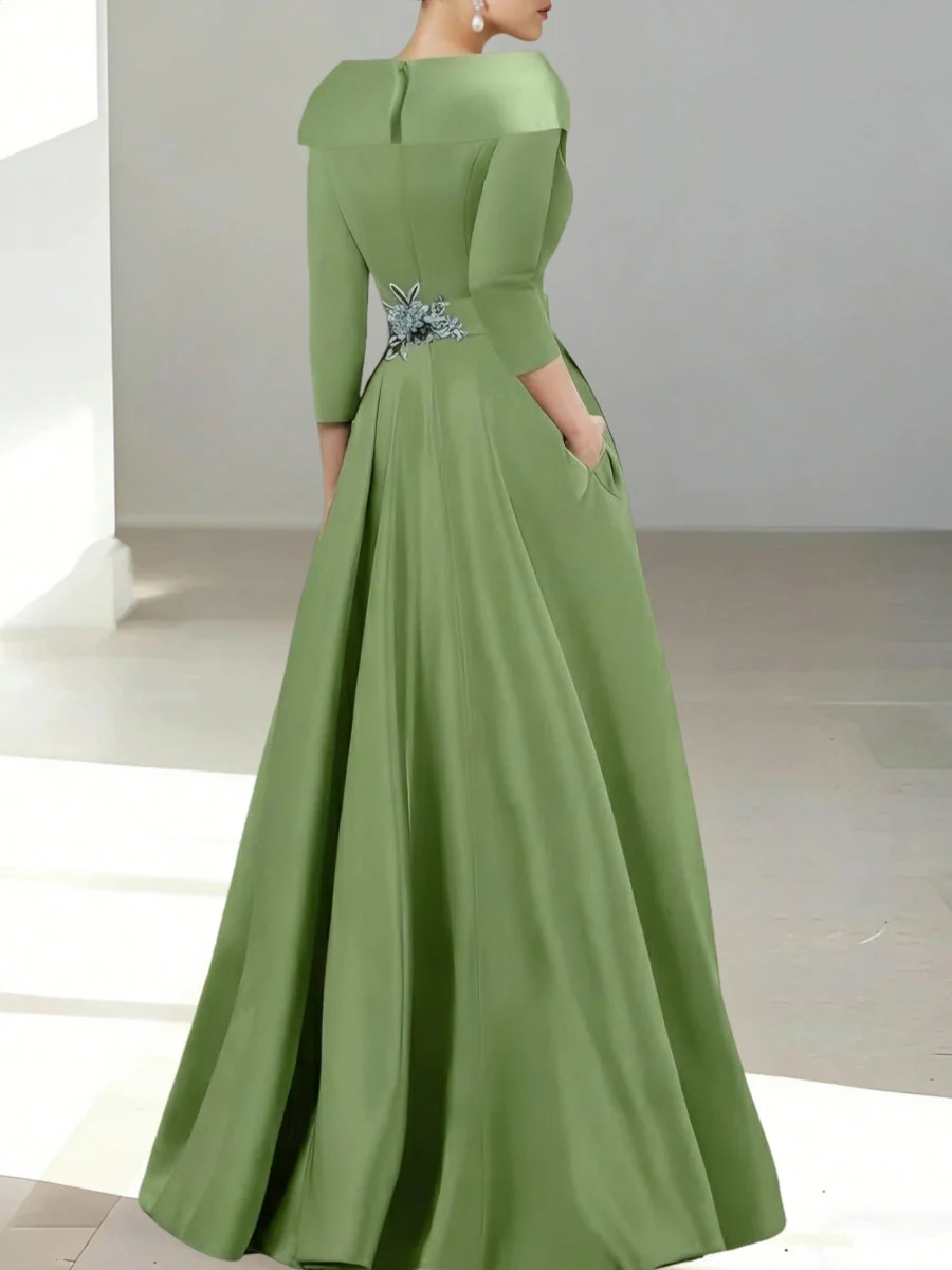 A-Line/Princess Shirt Collar Satin Mother of the Bride Jumpsuit Overskirt Sequins Pocket Half Sleeves Floor-Length - Image 2