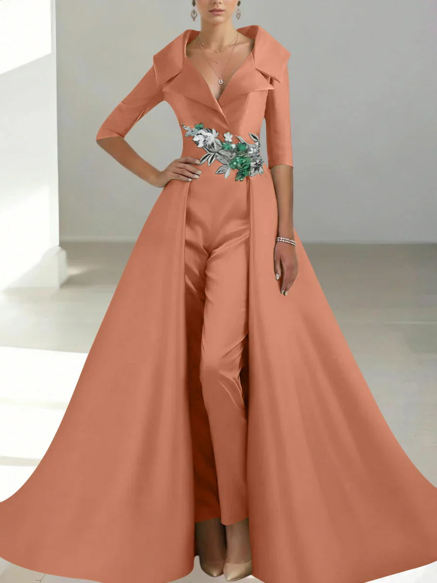 A-Line/Princess Shirt Collar Satin Mother of the Bride Jumpsuit Overskirt Sequins Pocket Half Sleeves Floor-Length - Image 20