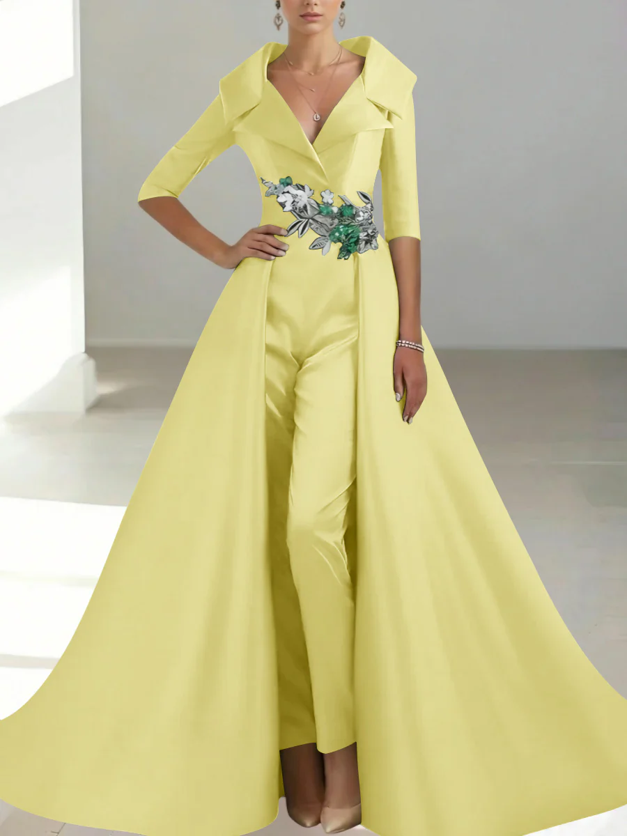 A-Line/Princess Shirt Collar Satin Mother of the Bride Jumpsuit Overskirt Sequins Pocket Half Sleeves Floor-Length - Image 21
