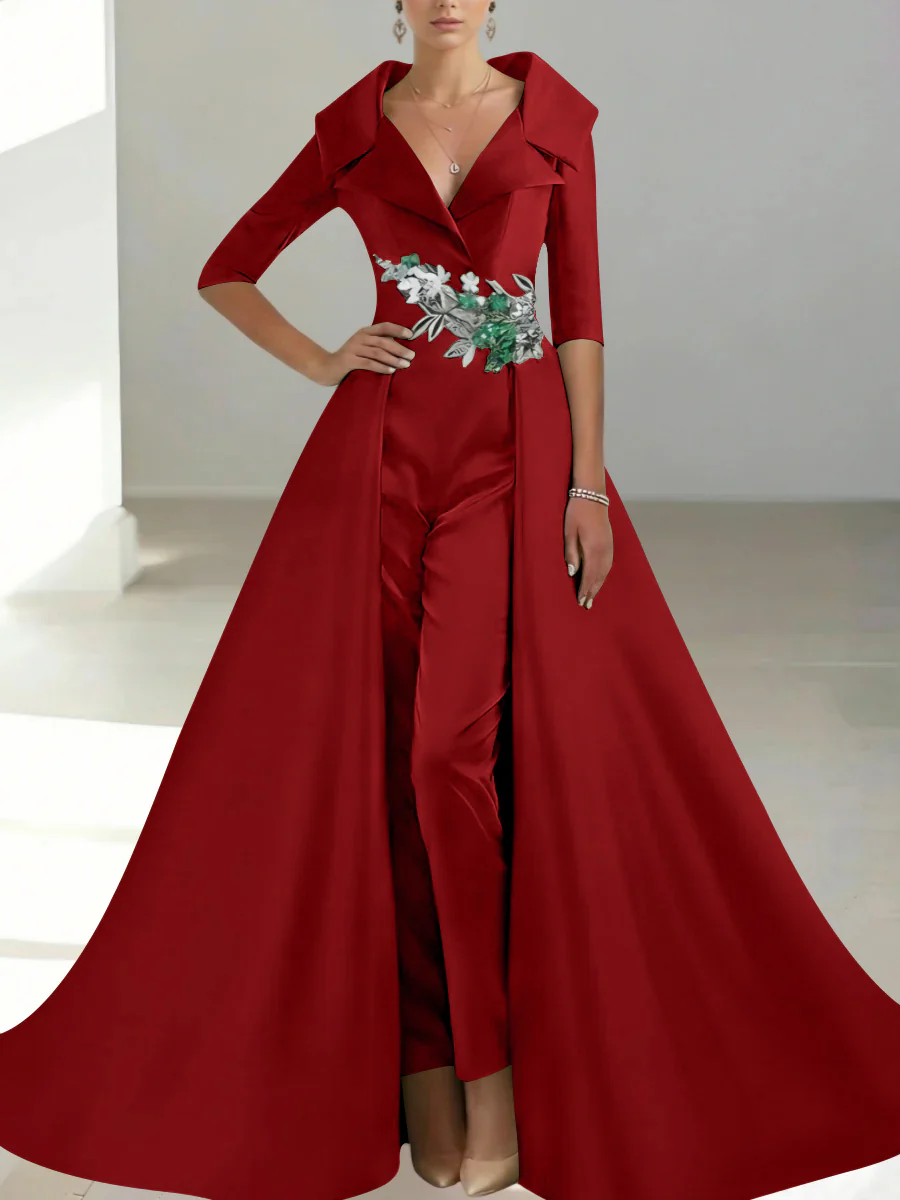A-Line/Princess Shirt Collar Satin Mother of the Bride Jumpsuit Overskirt Sequins Pocket Half Sleeves Floor-Length - Image 23
