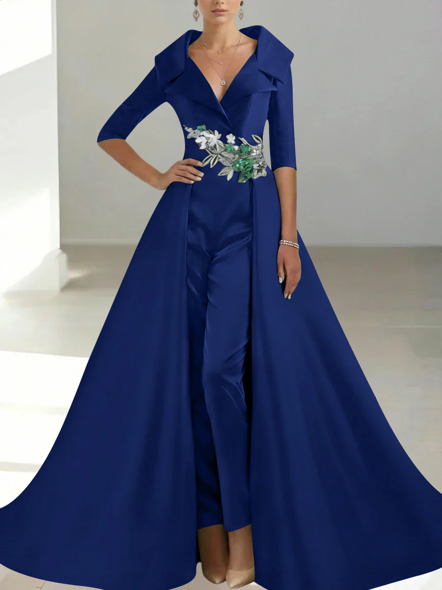 A-Line/Princess Shirt Collar Satin Mother of the Bride Jumpsuit Overskirt Sequins Pocket Half Sleeves Floor-Length - Image 24