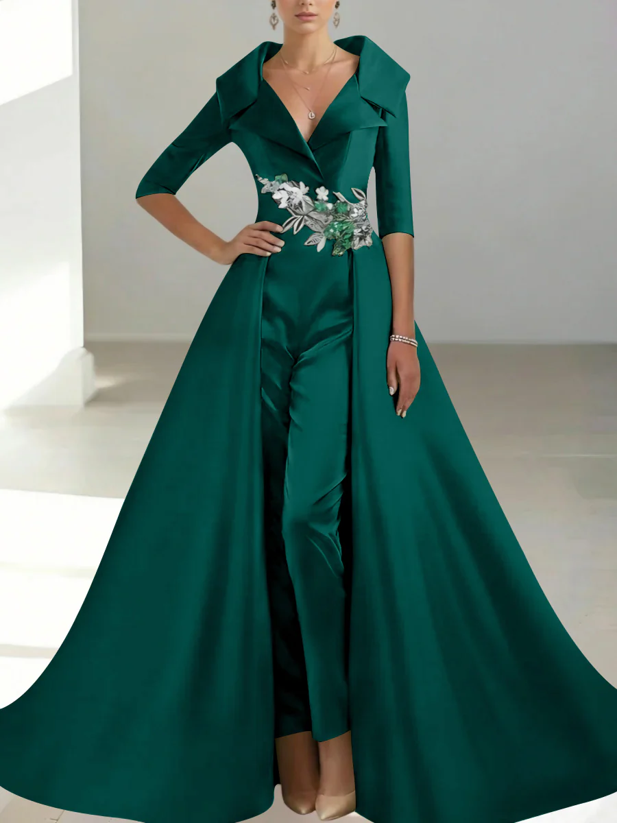 A-Line/Princess Shirt Collar Satin Mother of the Bride Jumpsuit Overskirt Sequins Pocket Half Sleeves Floor-Length - Image 26
