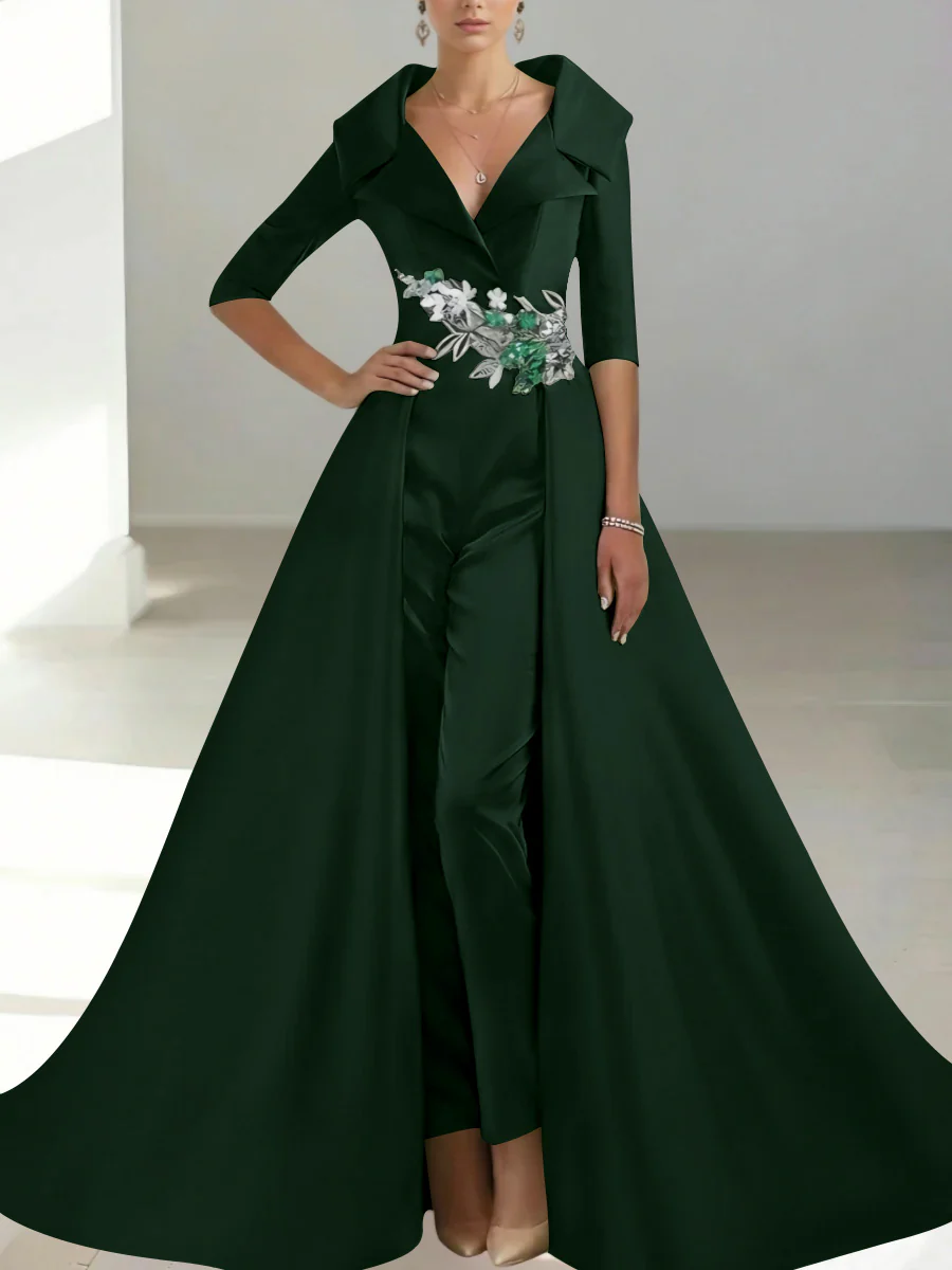 A-Line/Princess Shirt Collar Satin Mother of the Bride Jumpsuit Overskirt Sequins Pocket Half Sleeves Floor-Length - Image 29