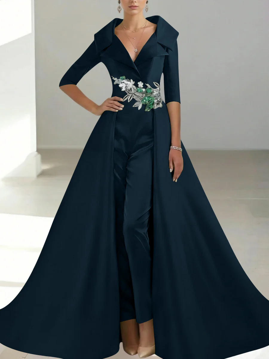 A-Line/Princess Shirt Collar Satin Mother of the Bride Jumpsuit Overskirt Sequins Pocket Half Sleeves Floor-Length - Image 30