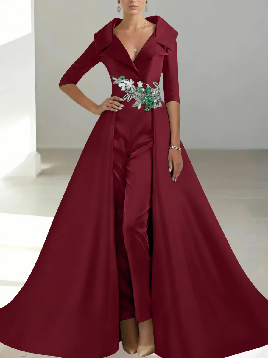 A-Line/Princess Shirt Collar Satin Mother of the Bride Jumpsuit Overskirt Sequins Pocket Half Sleeves Floor-Length - Image 36