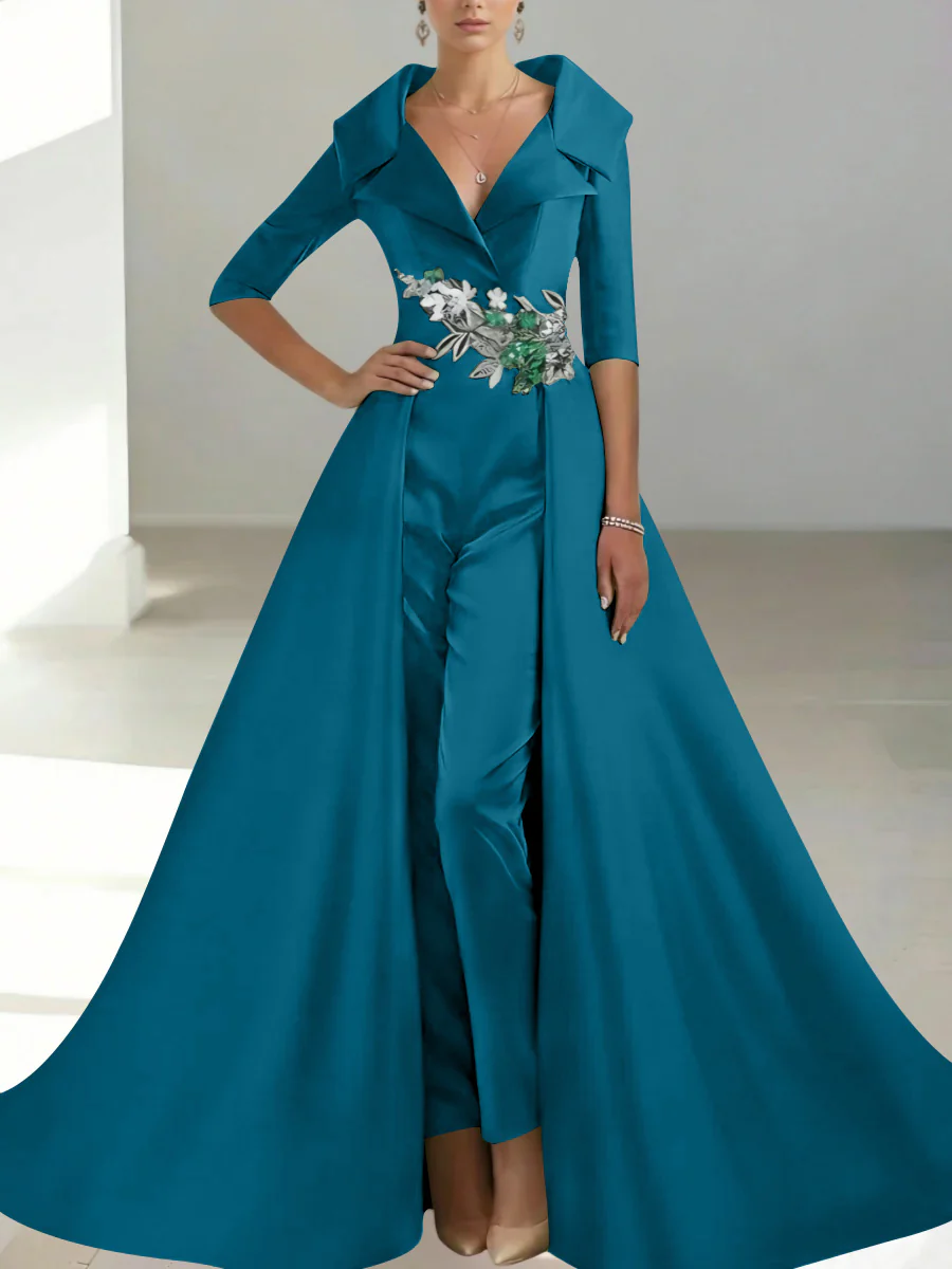 A-Line/Princess Shirt Collar Satin Mother of the Bride Jumpsuit Overskirt Sequins Pocket Half Sleeves Floor-Length - Image 37