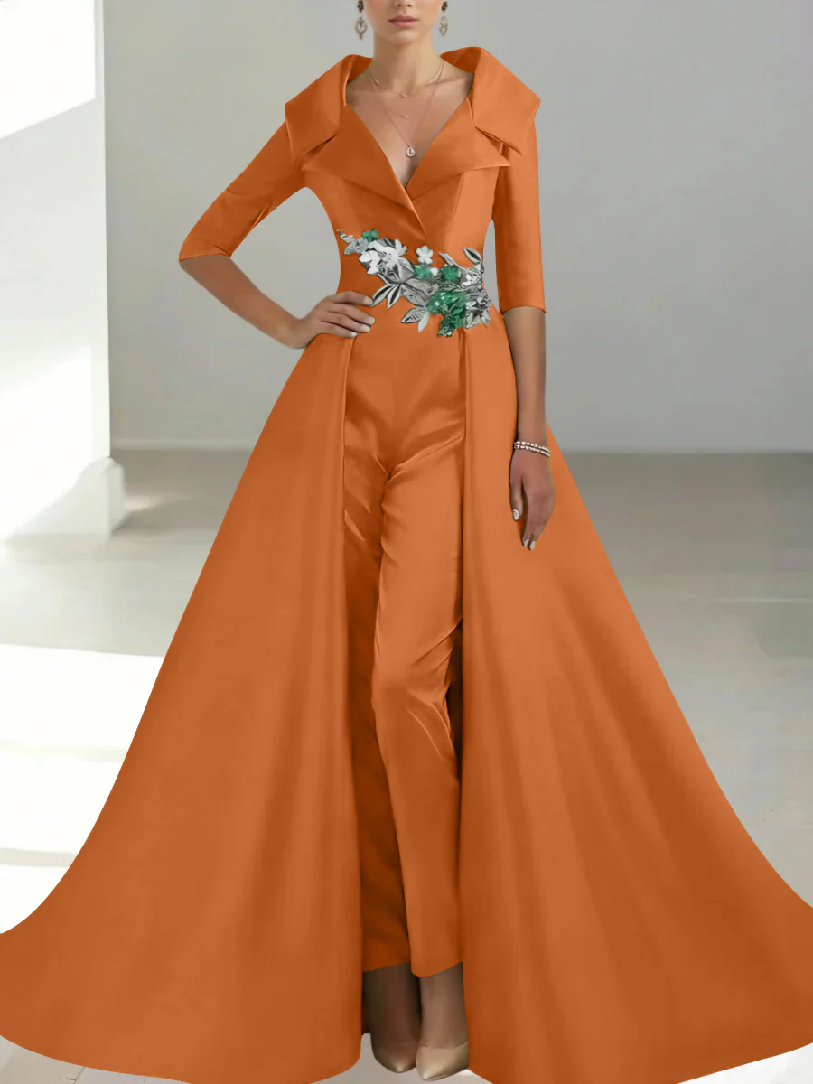 A-Line/Princess Shirt Collar Satin Mother of the Bride Jumpsuit Overskirt Sequins Pocket Half Sleeves Floor-Length - Image 38