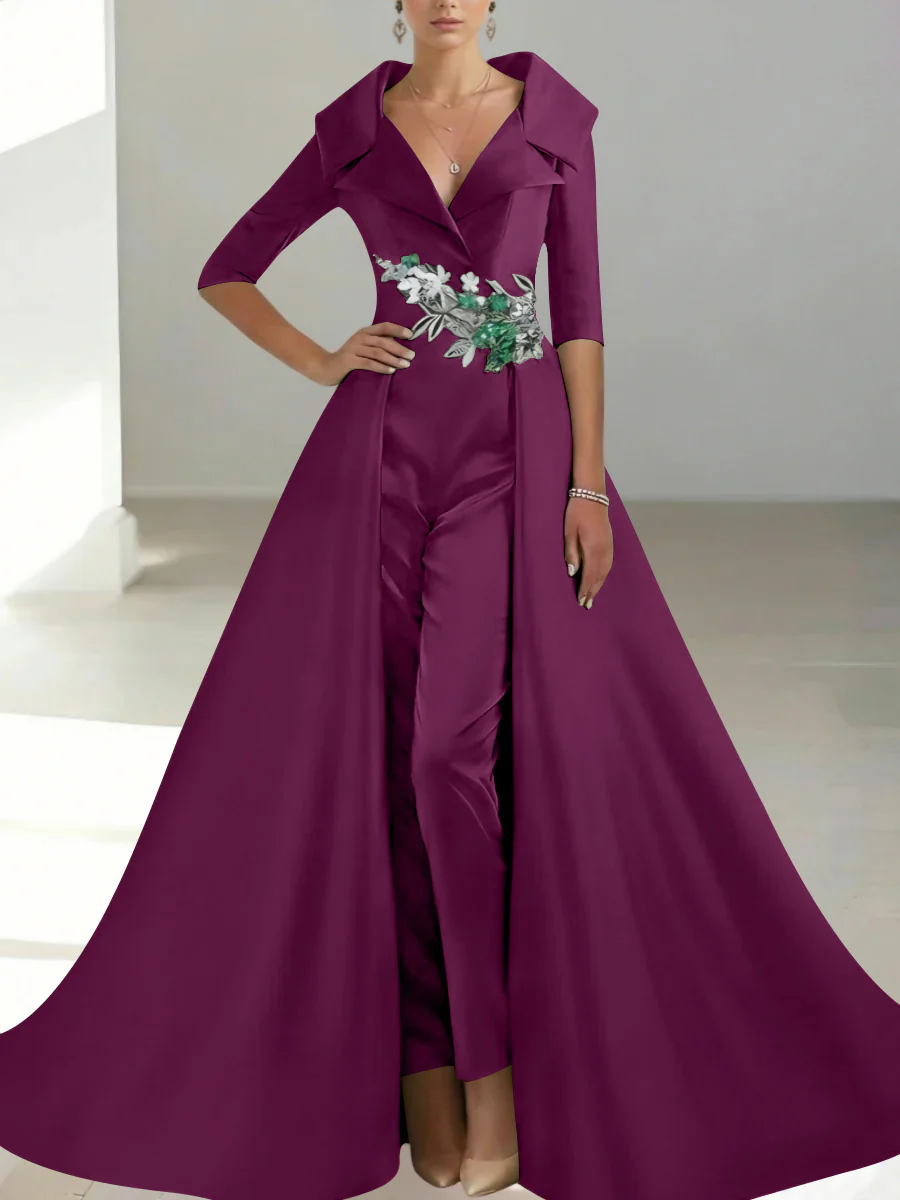 A-Line/Princess Shirt Collar Satin Mother of the Bride Jumpsuit Overskirt Sequins Pocket Half Sleeves Floor-Length - Image 39