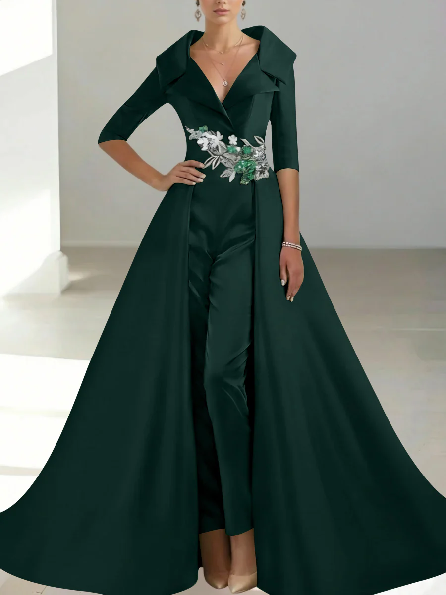 A-Line/Princess Shirt Collar Satin Mother of the Bride Jumpsuit Overskirt Sequins Pocket Half Sleeves Floor-Length - Image 4