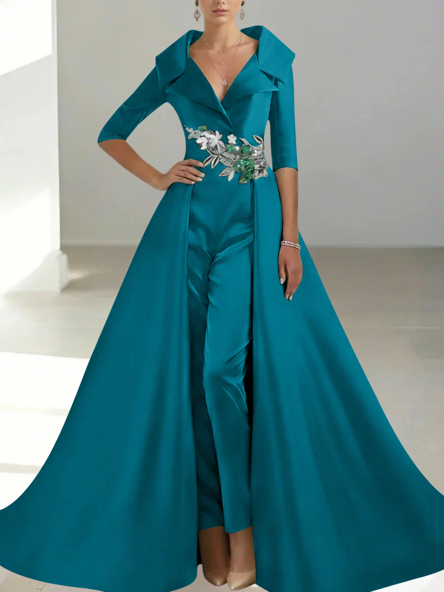A-Line/Princess Shirt Collar Satin Mother of the Bride Jumpsuit Overskirt Sequins Pocket Half Sleeves Floor-Length - Image 45