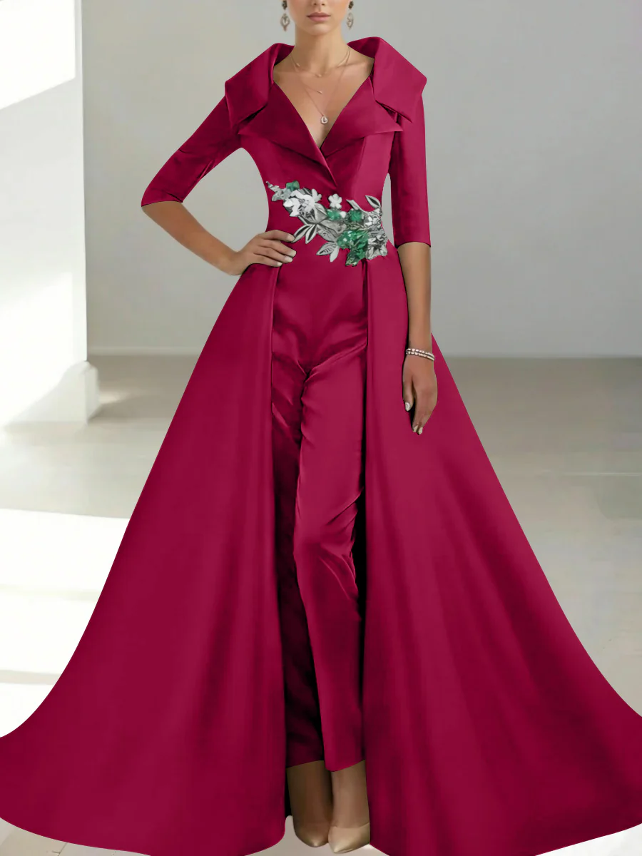 A-Line/Princess Shirt Collar Satin Mother of the Bride Jumpsuit Overskirt Sequins Pocket Half Sleeves Floor-Length - Image 9