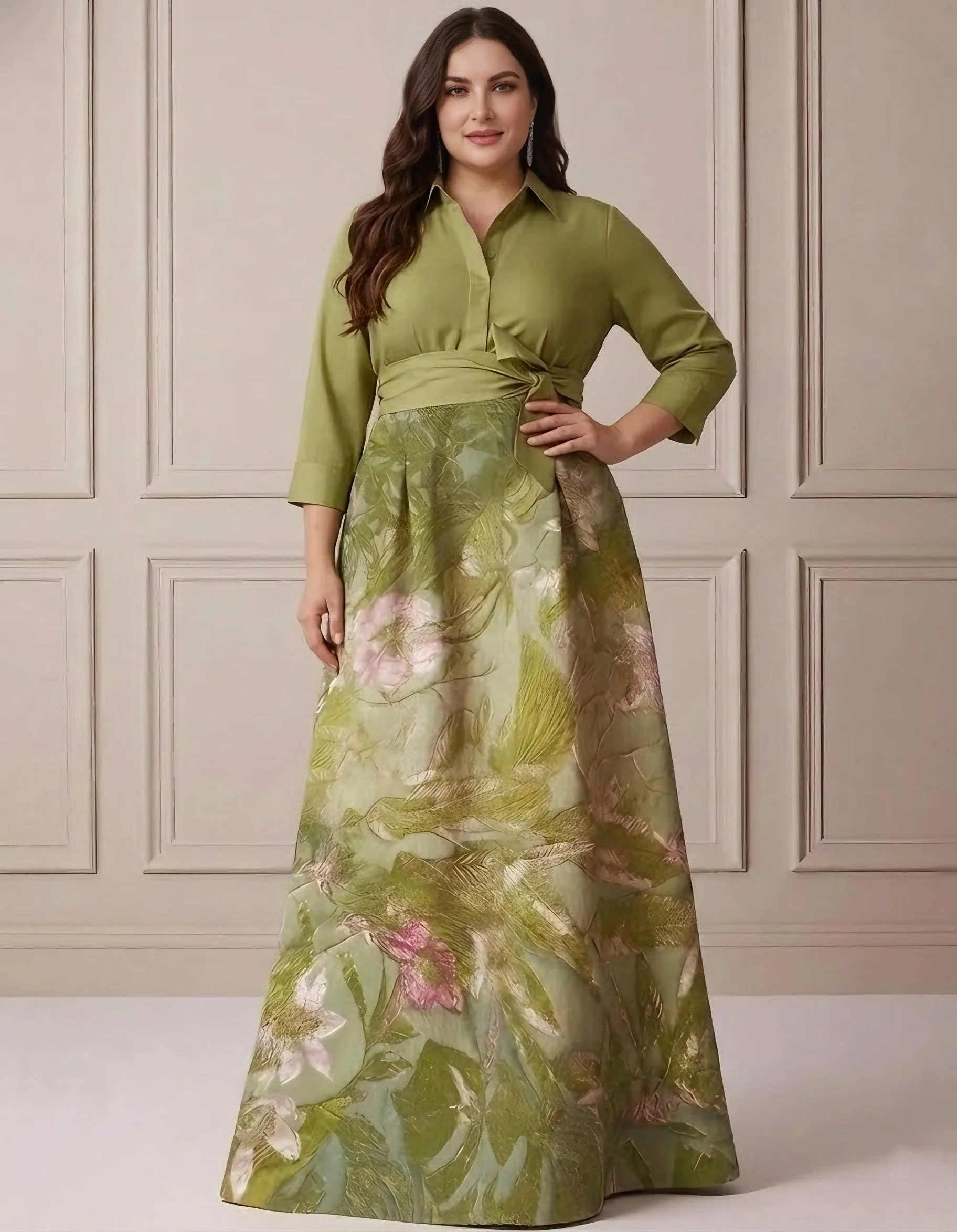 A-Line/Princess Shirt Collar Satin Plus Size Mother of the Bride Dresses 3/4 Sleeves Floor-Length Floral Bowknot - Image 3