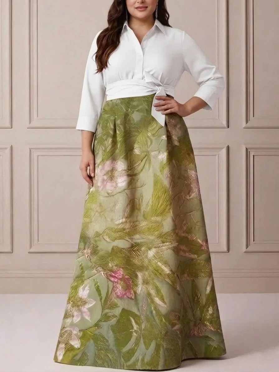 A-Line/Princess Shirt Collar Satin Plus Size Mother of the Bride Dresses 3/4 Sleeves Floor-Length Floral Bowknot - Image 4
