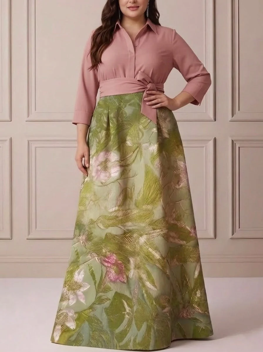 A-Line/Princess Shirt Collar Satin Plus Size Mother of the Bride Dresses 3/4 Sleeves Floor-Length Floral Bowknot - Image 5
