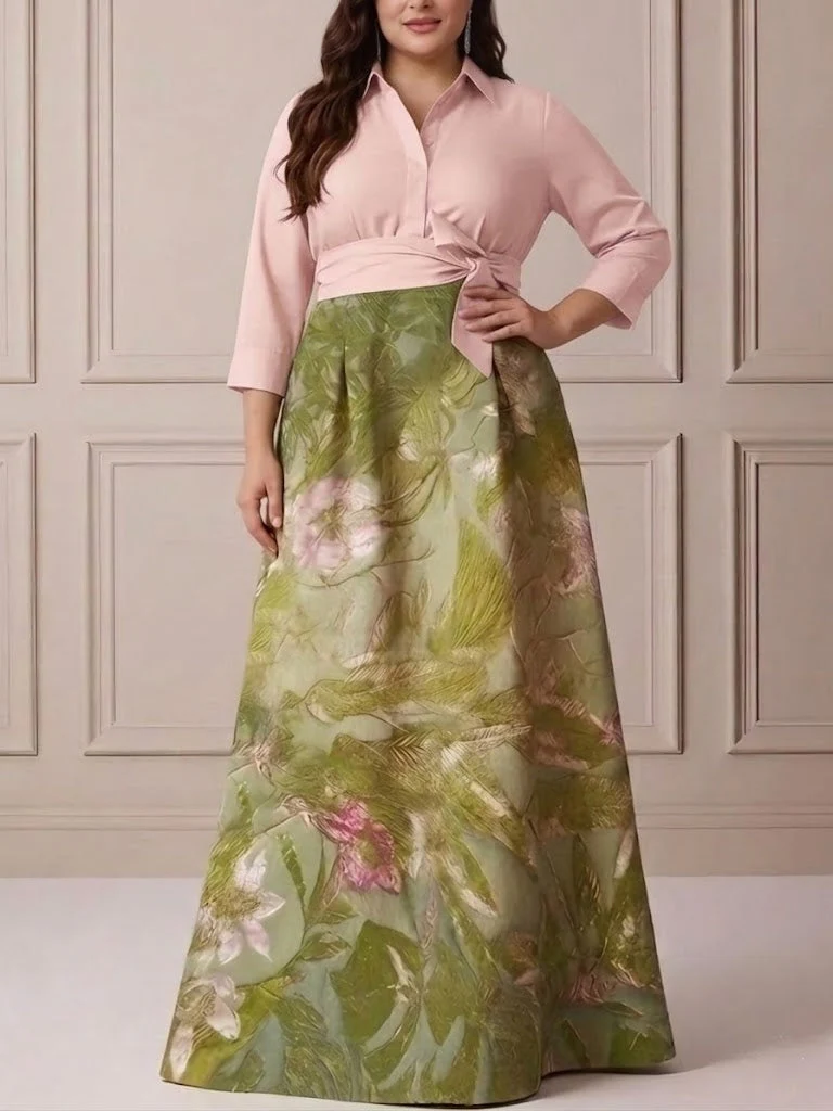A-Line/Princess Shirt Collar Satin Plus Size Mother of the Bride Dresses 3/4 Sleeves Floor-Length Floral Bowknot - Image 6
