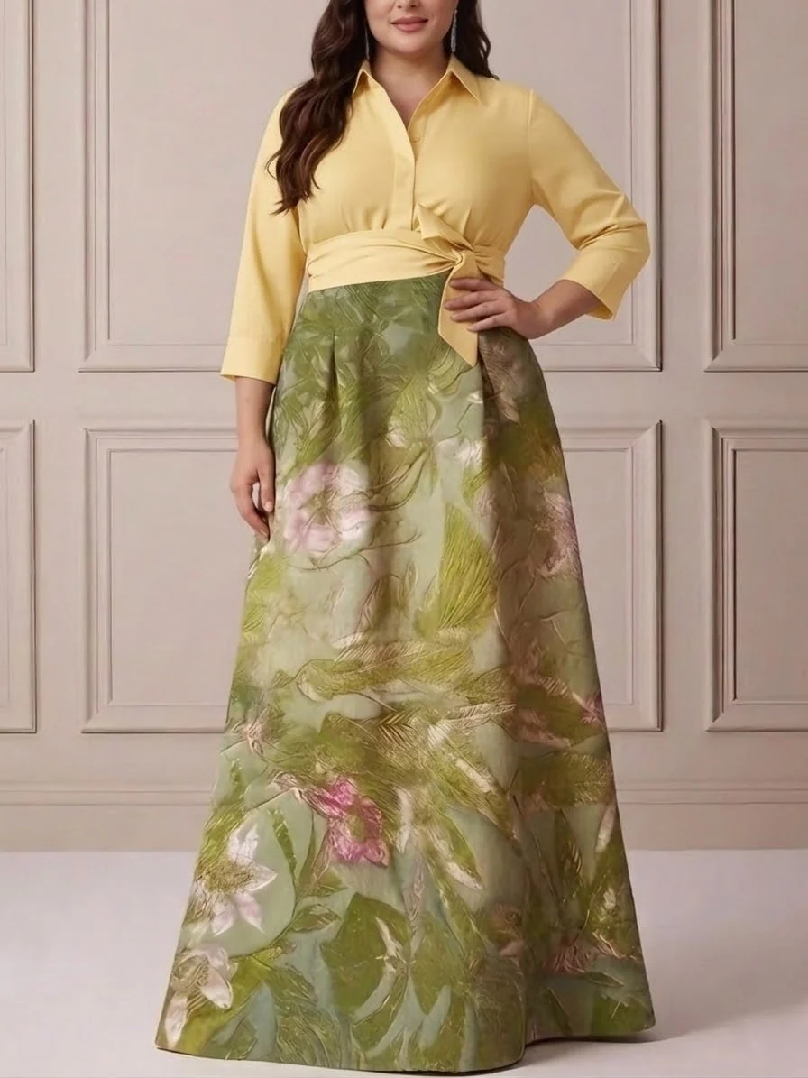 A-Line/Princess Shirt Collar Satin Plus Size Mother of the Bride Dresses 3/4 Sleeves Floor-Length Floral Bowknot - Image 7