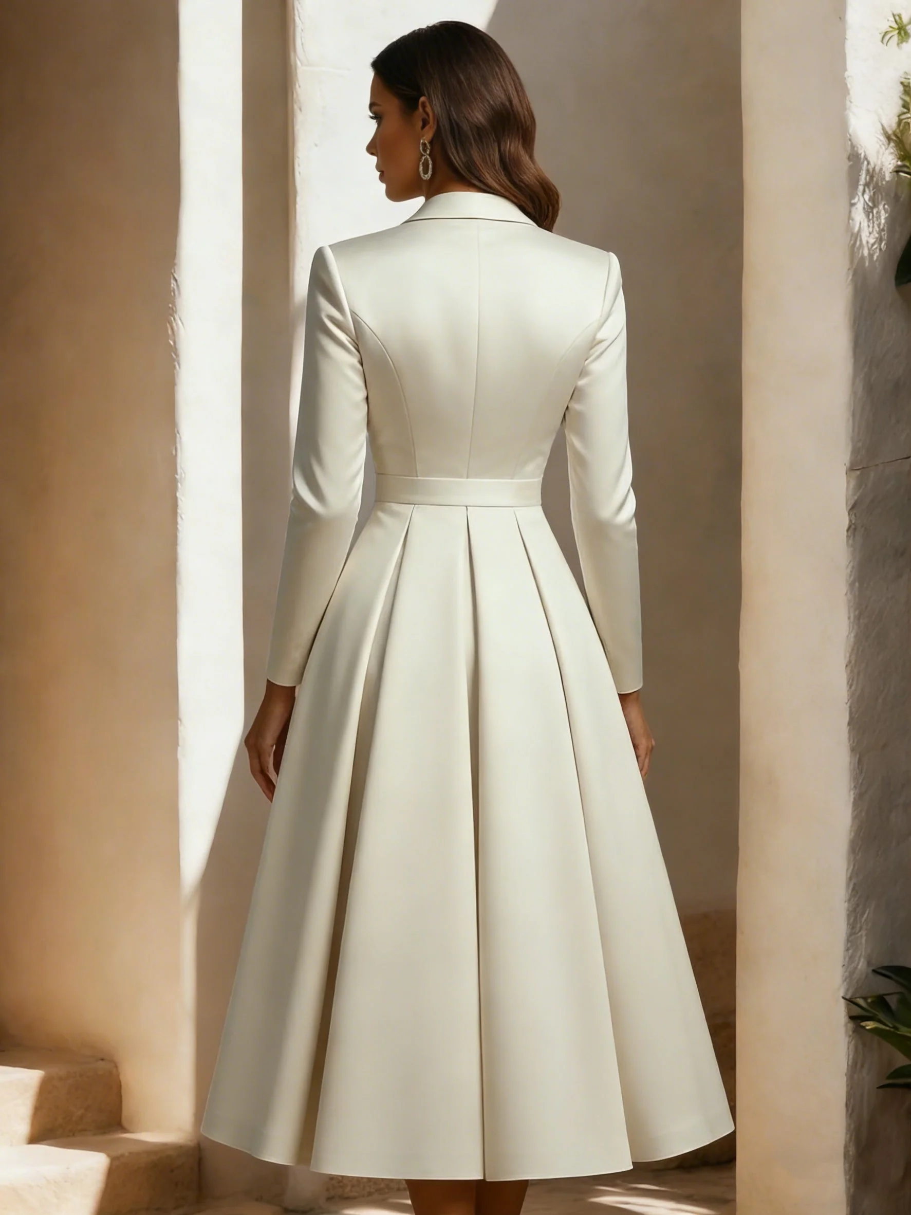 A-Line/Princess Shirt Collar Satin Wedding Dress with Sash Tea-length Long Sleeves - Image 2