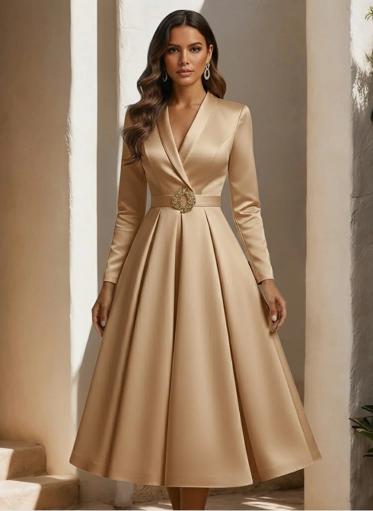 A-Line/Princess Shirt Collar Satin Wedding Dress with Sash Tea-length Long Sleeves - Image 3