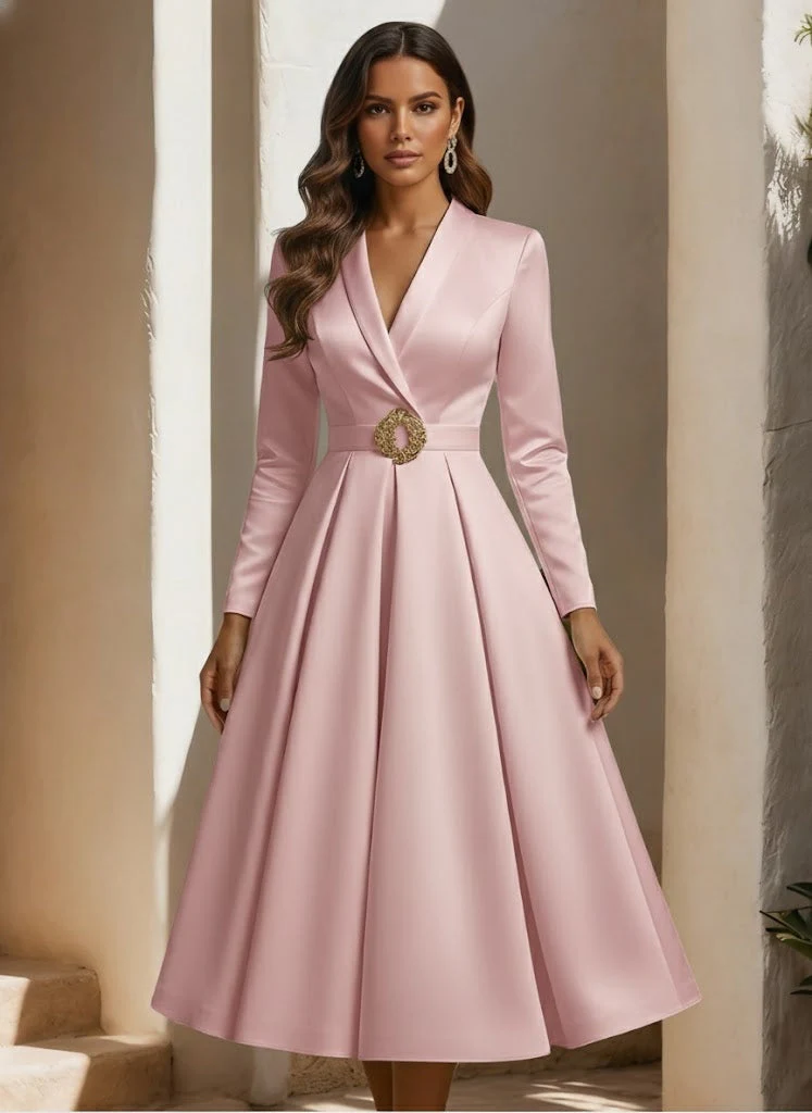 A-Line/Princess Shirt Collar Satin Wedding Dress with Sash Tea-length Long Sleeves - Image 4