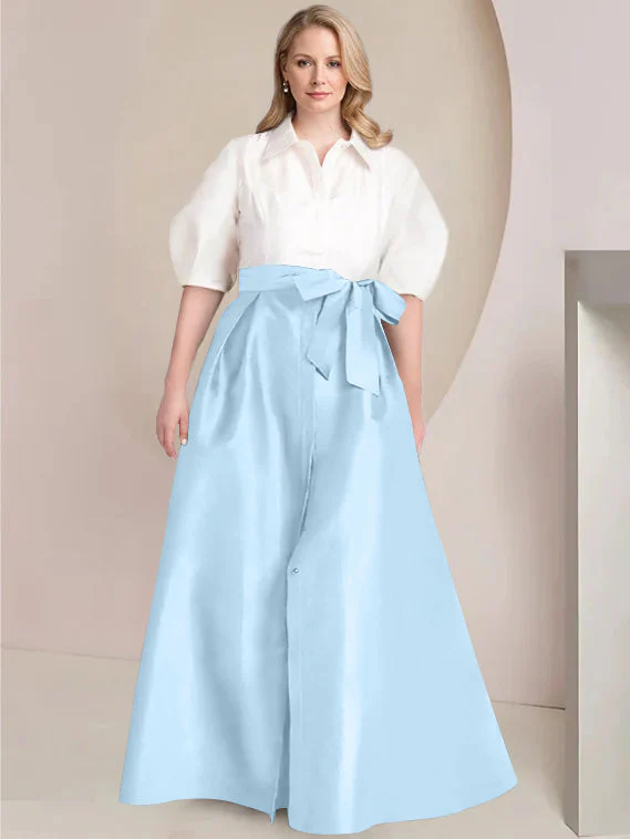 A-Line/Princess Shirt Collar Short Sleeves Floor-Length Plus Size Mother Of The Bride Dresses with Bowknot - Image 21