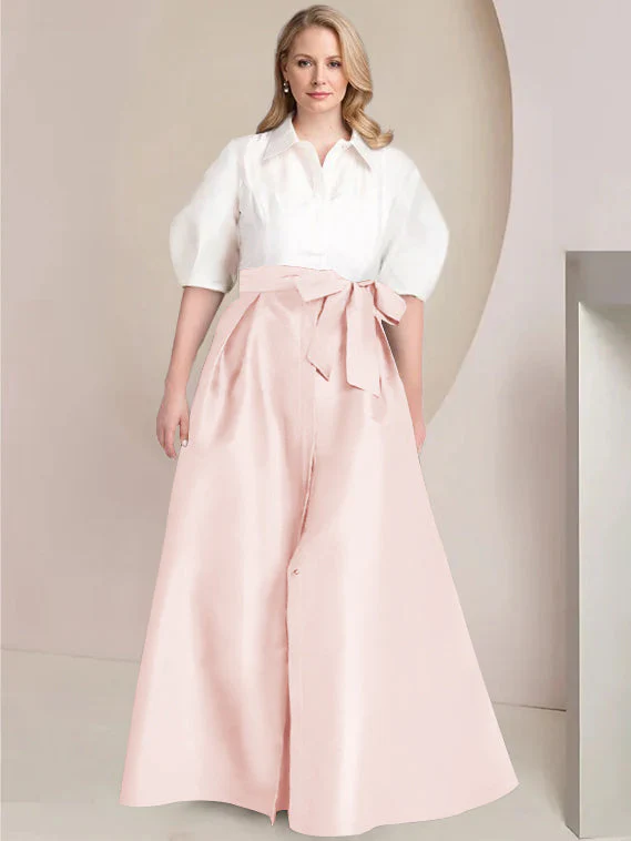A-Line/Princess Shirt Collar Short Sleeves Floor-Length Plus Size Mother Of The Bride Dresses with Bowknot - Image 24