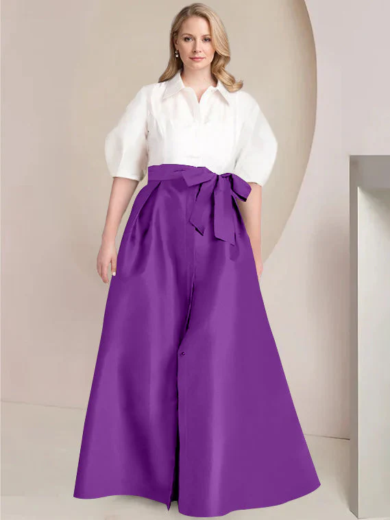 A-Line/Princess Shirt Collar Short Sleeves Floor-Length Plus Size Mother Of The Bride Dresses with Bowknot - Image 30