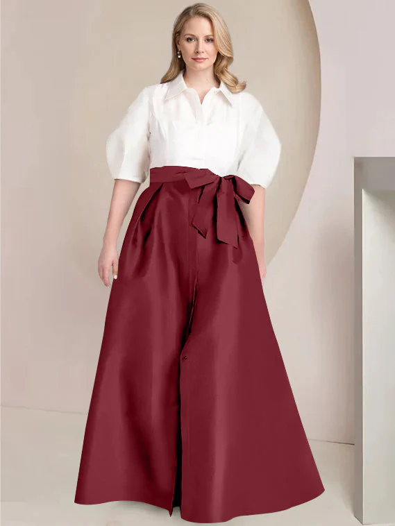 A-Line/Princess Shirt Collar Short Sleeves Floor-Length Plus Size Mother Of The Bride Dresses with Bowknot - Image 37